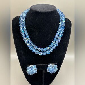 Vintage Elegant Baby Blue Glass Bead Double Necklace on chain and Earring Set